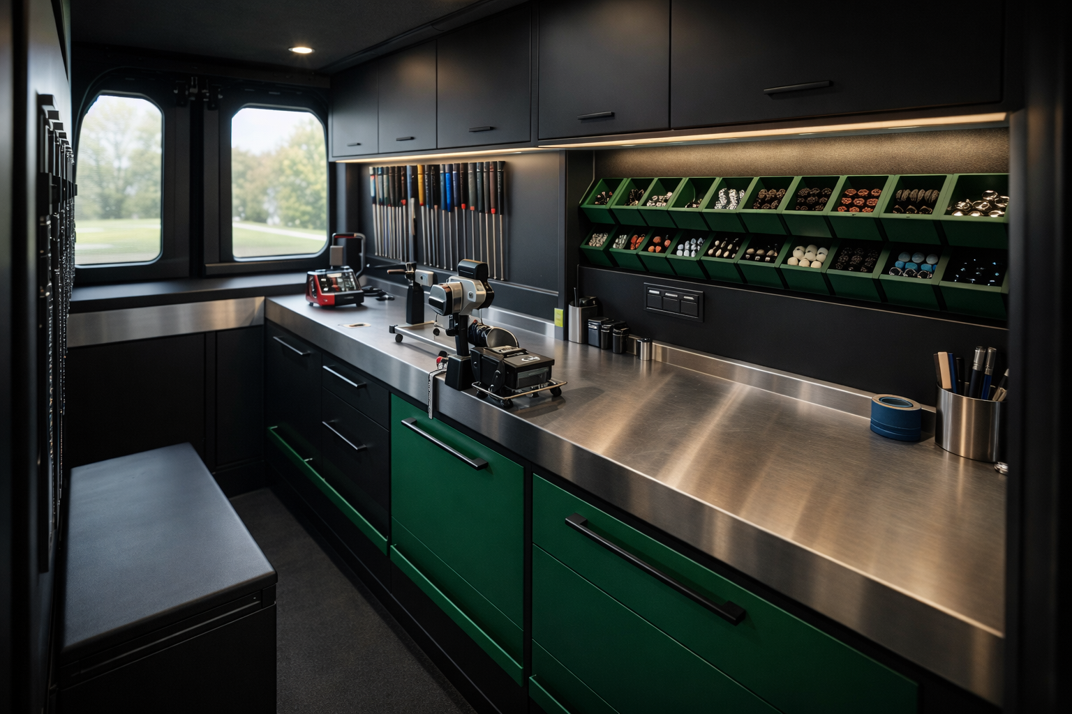 Интерьер мастерской — станок, стеллаж с шафтами, грипы