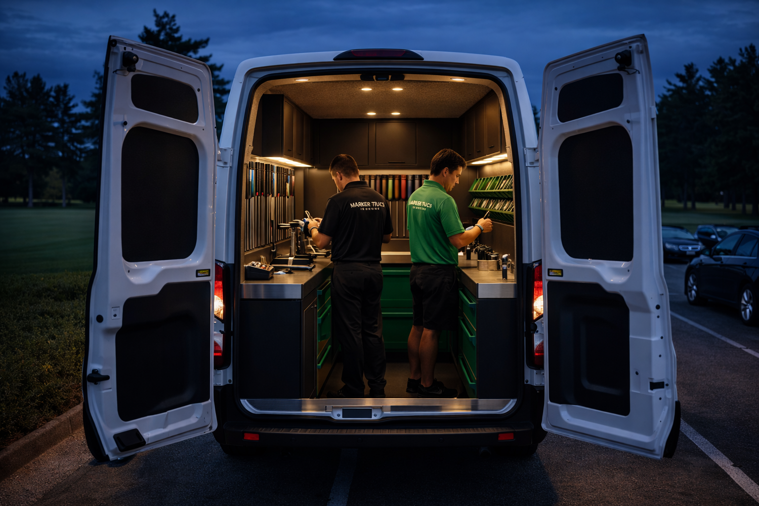 Маркер-Трак на вечернем мероприятии — команда за работой в открытом траке